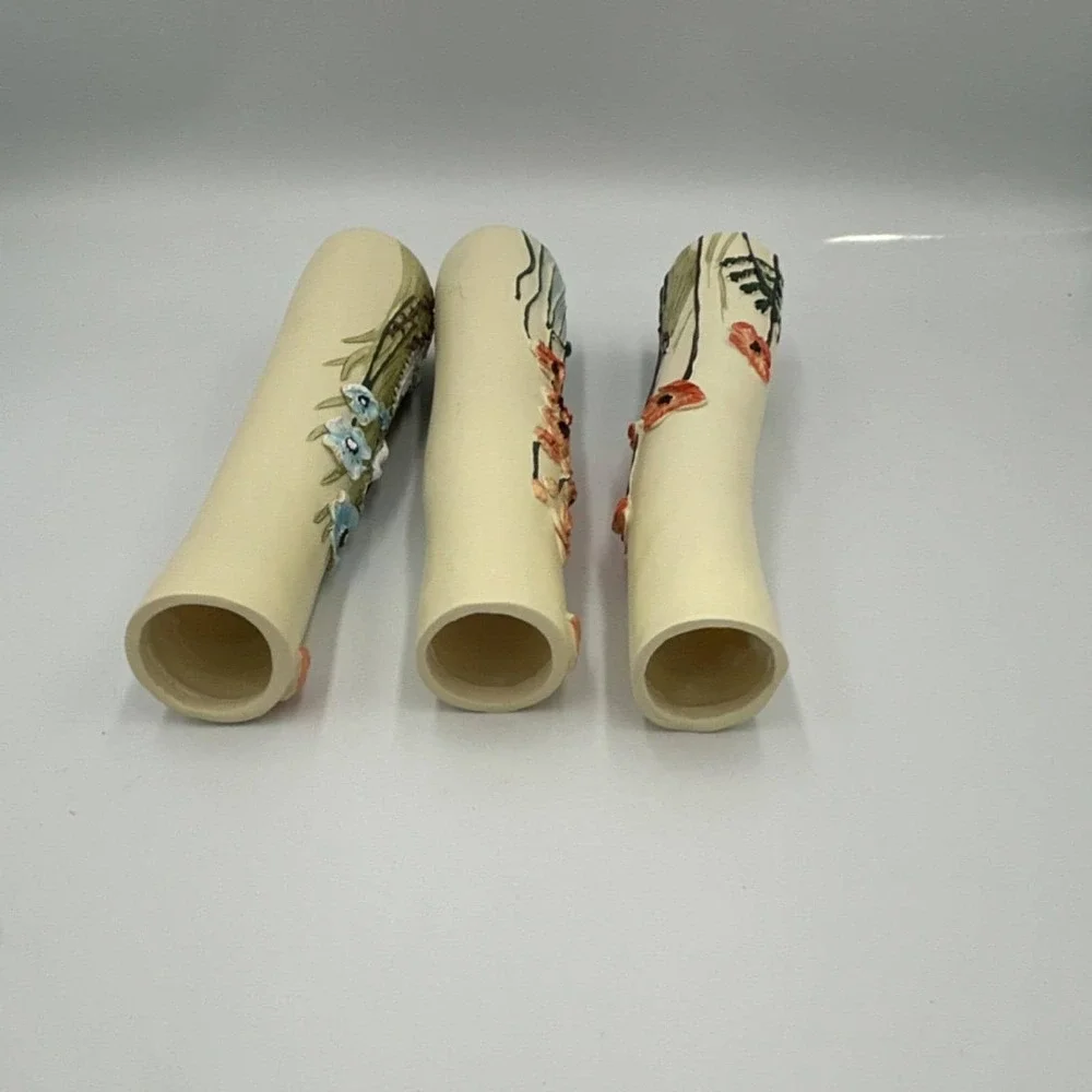 Set of 3 Modern Floral Face Vases, Cream Orange Blue Green, Matte Finish